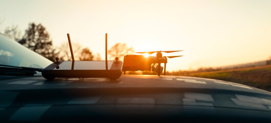 A drone, UAV technologies in the rays of the sun outdoors.