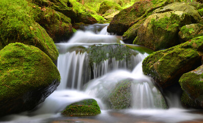 Waterfall on Black creek in the National park Sumava, Czechia. Mountain stream.	
