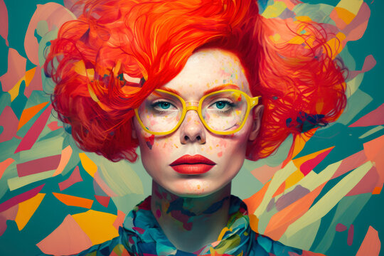 Colorful and Crazy portrait of a Woman with Fiery Red Hair, Wearing a Mismatched Outfit, generative ai