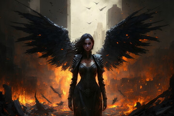 Dark angel with black wings and a black dress standing in front of a burning city, generative ai - obrazy, fototapety, plakaty