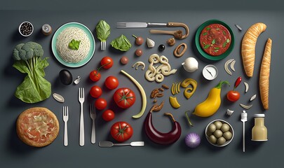  a variety of food is laid out on a gray surface with a knife, fork, spoon, and knife rest on the side of the plate.  generative ai