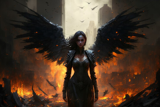 Dark angel with black wings and a black dress standing in front of a burning city, generative ai