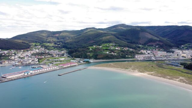 Viveiro - Galicia - Spain. Aerial view the city with the bay area. Beautiful landscape with mountains and Atlantic Ocean. Situated in Northwest of Spain, in Lugo province. Camera panning right