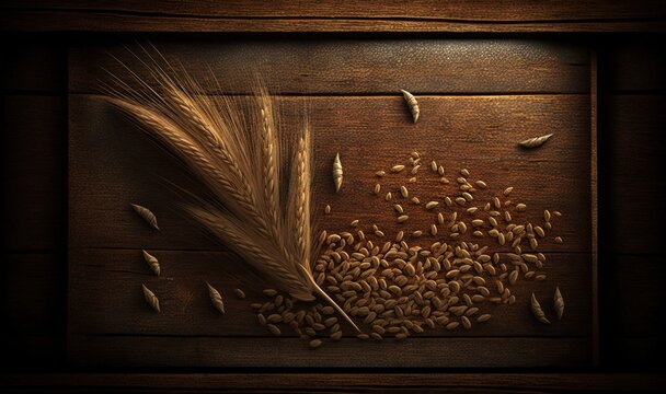 a picture of grain and a feather on a wooden surface with a wooden frame and a wood grain pattern on the bottom of the picture.  generative ai
