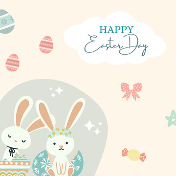Happy easter day celebration card with colorful egg and bunnies. Vector illustration banner or poster