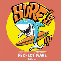 cartoon shark illustration surfing for children's T-shirts