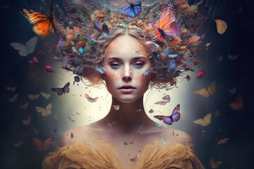 Fluttering Fantasy surreal portrait of a woman with a crown of butterflies and a flowing dress, generative ai