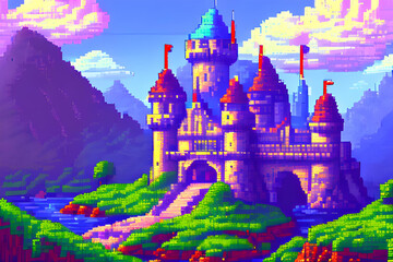 A pixelated image of a beautful castle in the evening (a.i. generated)