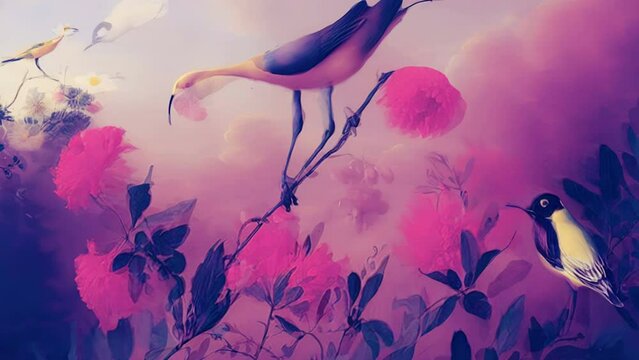 Generative ai motion animation of surreal vintage painting of flowers and birds. Digital image painted manipulation impressionism style.