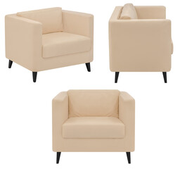 Upholstered armchair for the office or at home. Isolated from the background. In different angles. Interior element