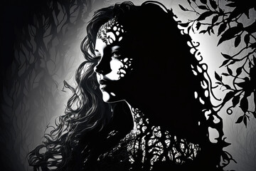Haunting portrait of a beautiful woman with long dark hair, wearing a black lace dress and surrounded by abstract shadows and silhouettes, generative ai