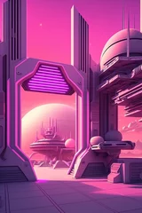 Zelfklevend Fotobehang Futuristic Vaporwave Neon Pink Plaza on an Alien Planet / Space Station. [Retro Future Science Fiction Landscape. Graphic Novel, Video Game, Anime, Manga, or Comic Illustration.] © TJ Barnwell