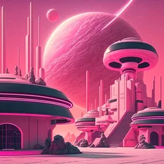 Fotobehang Futuristic Vaporwave Neon Pink Plaza on an Alien Planet / Space Station. [Retro Future Science Fiction Landscape. Graphic Novel, Video Game, Anime, Manga, or Comic Illustration.] © TJ Barnwell