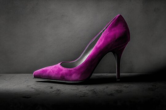  a purple high heeled shoe sitting on top of a cement floor next to a gray wall with a black and white photo behind it.  generative ai