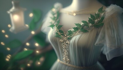  a white dress with green leaves on it and a light in the background with a lamp on the left side of the dress and a lamp on the right side of the dress.  generative ai