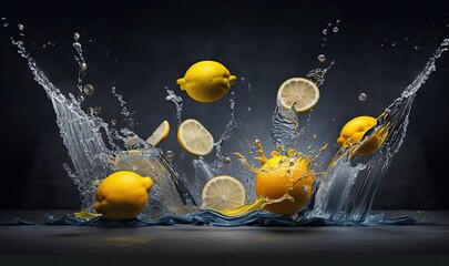 Plakat a group of lemons are splashing into the water with lemons on the side of the water and lemons on the top of the water. generative ai