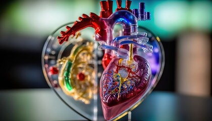 a model of a human heart with multiple parts attached to the heart and attached to the heart valves, on a black surface, with a blurry background.  generative ai