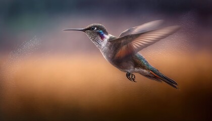 Fototapeta premium a hummingbird flying through the air with its wings spread out and its wings spread out, with a blurry background of brown and blue. generative ai