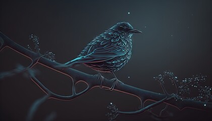  a bird sitting on a branch in the dark night sky with stars and bubbles on it's back end and a black background behind it.  generative ai