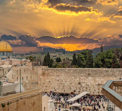 Panorama. Ruins of Western Wall of ancient Temple Mount is  a major Jewish sacred place and one of the most famous public domain places in the world, Jerusalem