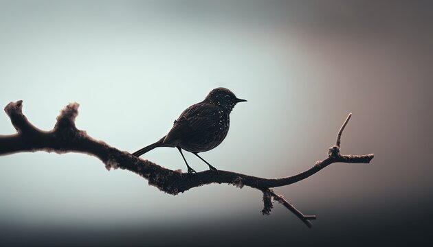  a bird sitting on a branch of a tree in the dark sky with no leaves or branches on the branch, and a gray sky in the background.  generative ai