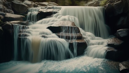  a small waterfall with water running over rocks and a rock bench in the middle of the waterfall is covered in white water and is surrounded by rocks.  generative ai