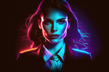 Modern neon businesswoman portrait glowing in the dark, generative ai