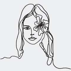 Woman portrait one endless line with flower. Trendy line illystration best for print.