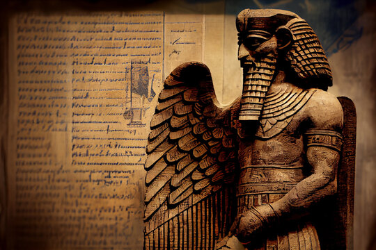 Ancient Sumerian text superimposed on papyrus texture and a winged statue of Lamassu, mythical Assyrian deity. Historical background on theme of Assyria, Mesopotamia, Babylon. Foreground sharpness.
