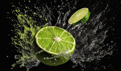  a lime is cut in half with water splashing around it and a lime slice is on the side of the photo and the whole lime is in the water splash.  generative ai