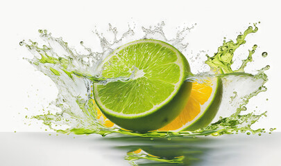  a lime and orange are splashing into the water with a splash of water on the side of the image and a splash of water on the top of the image.  generative ai