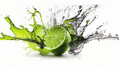  a lime with a splash of water on it and a lime slice in the middle of the image with a splash of water on it.  generative ai