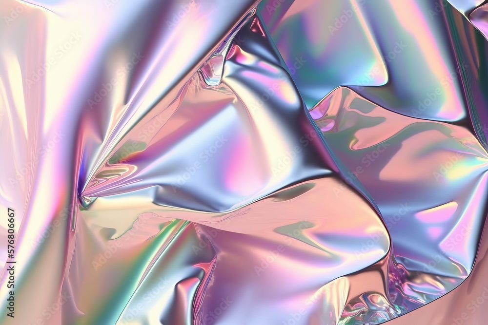 Poster blurred abstract modern pastel colored holographic background in 80s style. crumpled iridescent foil