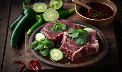  a plate of meat and vegetables on a wooden table next to a bowl of soup and a spoon with a spoon in it and a wooden bowl with a green pepper on the side.  generative ai