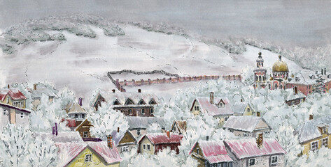 Winter landscape with a view of the mountain and the monastery. City outskirts. Drawing with markers, handmade.