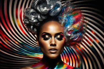 Fototapeta na wymiar portrait of a woman with a colorful, glittery makeup and hair styled into a spiral, wearing a shiny silver dress, generative ai