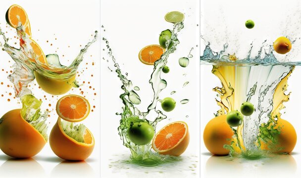  a series of three images of oranges being dropped into a glass of water with a splash of water on top of the oranges.  generative ai