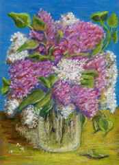 Spring bouquet. Still life with lilacs on a blue background. Paper, oil pastel, handmade.
