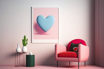 Mockup of a minimalist home design concept featuring a pink armchair and a red heart. Generative AI