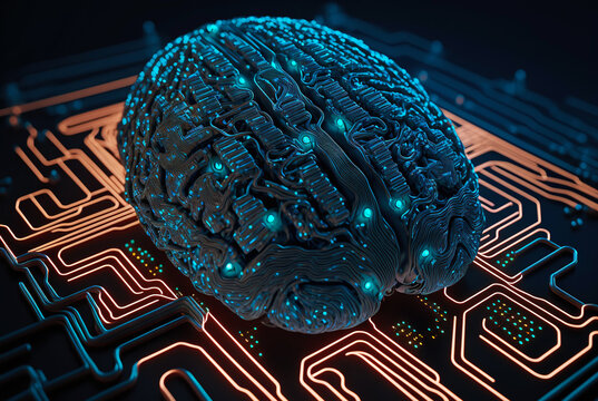 Cyber brain of Artificial Intelligence. Wires and circuit attached. Futuristic synthetic life. Generative AI