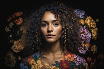 Portrait of a woman with natural curly hair and a bohemian dress, surrounded by flowers, set against a black background, generative ai