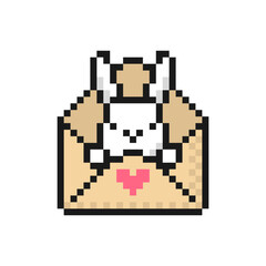 Fototapeta premium Easter bunny sitting in an envelope - icon in pixel art style. Vector symbol, isolated on a white background