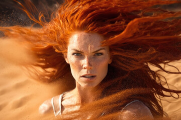 Sandy Siren Redhead Turning into a Whirlwind of Sand, generative ai