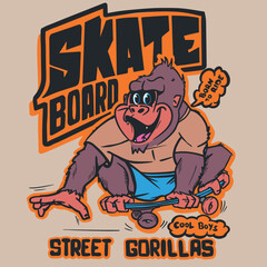 illustration of a cute cheerful gorilla skateboarding © basws