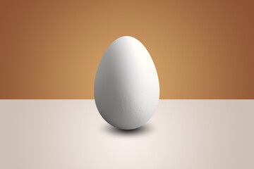 White egg in front of a brown wall and on a white floor 