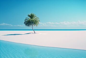 One palm on a empty white beach. Idyllic tropical seascape. Paradise beach. Generative AI