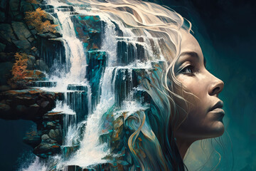 Surreal portrait of a woman with a cascading waterfall for hair, generative ai