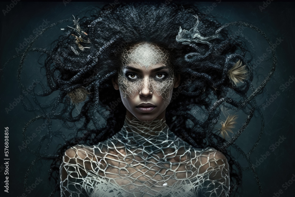 Wall mural surreal portrait of a woman with a snake for hair and a dress made of spiderwebs, generative ai