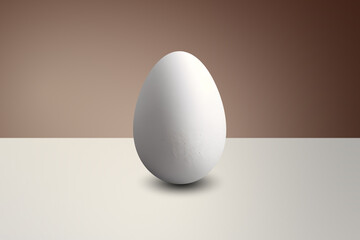 White egg in front of a brown wall and on a white floor