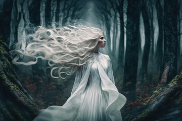 Surreal Portrait of a Woman with Flowing Silver Hair and a White Dress in a Misty Forest, generative ai